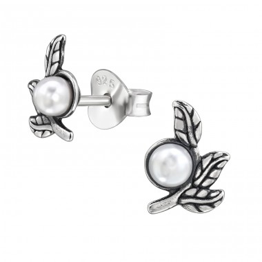 Branch With Three Leaves - 925 Sterling Silver Ear Studs with Pearls A4S50075