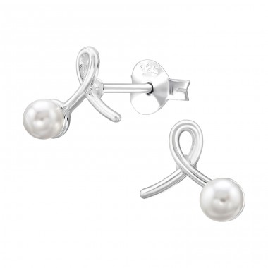 Stylized Ribbon with Pearl - 925 Sterling Silver Ear Studs With Pearls A4S50278