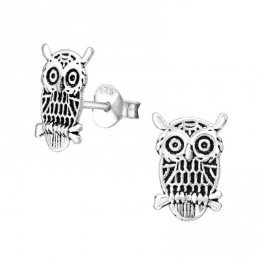 Owl - 925 Sterling Silver Plain Ear Studs A4S10011