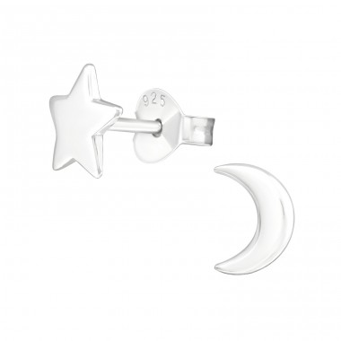 Ezüst Star and Moon - 925 Ezüst Egyszerű Stift fülbevaló A4S23823