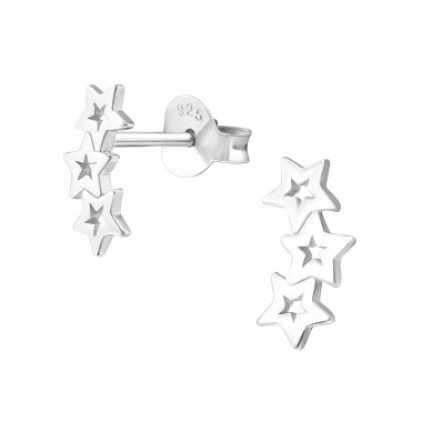 Triple Star - 925 Sterling Silver Plain Ear Studs A4S37254