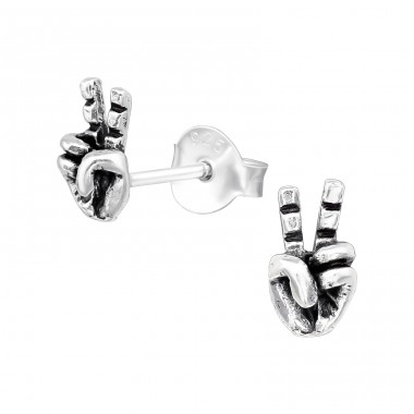 Victory Sign - 925 Sterling Silver Plain Ear Studs A4S39914