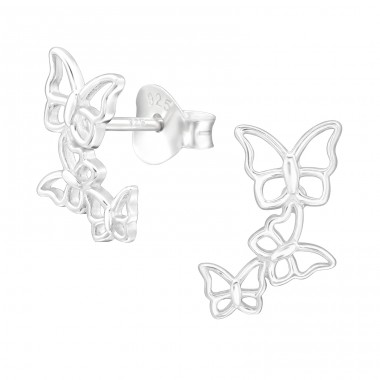 3x Butterflies under eachother in line - 925 Sterling Silver Plain Ear Studs A4S43351