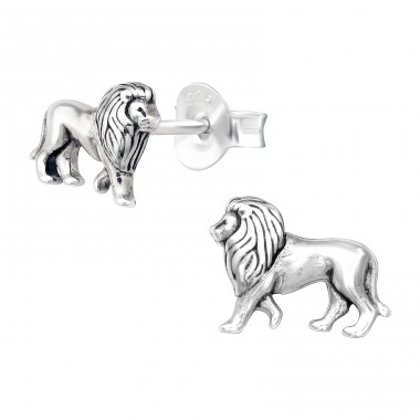 Oxidised Lion - 925 Sterling Silver Plain Ear Studs A4S43514