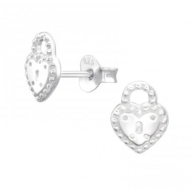 Heart Padlock - 925 Sterling Silver Plain Ear Studs A4S44159