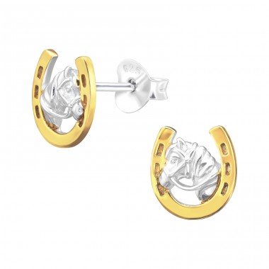 Two tone Horse & Horseshoe - 925 Sterling Silver Plain Ear Studs A4S45829