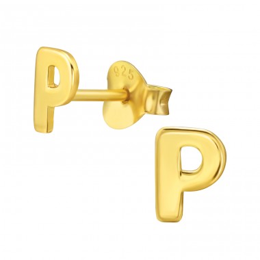 Golden "P" Letter name - 925 Sterling Silver Plain Ear Studs A4S46360