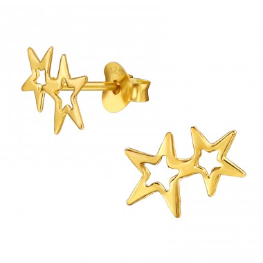 Golden Double Star - 925 Sterling Silver Plain Ear Studs A4S49048
