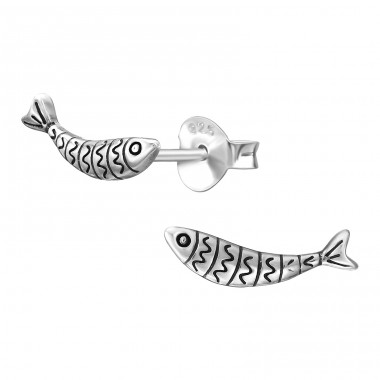 Fish with stripes oxidized - 925 Sterling Silver Plain Ear Studs A4S50301