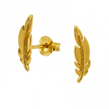 Single Leaf, Gold Plated - 925 Sterling Silver Plain Ear Studs A4S50698