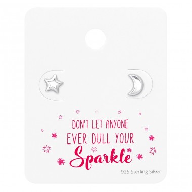 Star And Moon Ear Studs On Motivational Quote Card - 925 Sterling Silver Jewellery Sets A4S35902