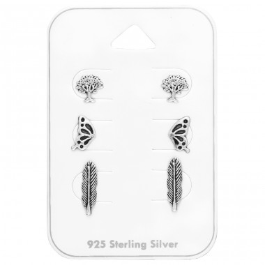 3 Paar oxidierte Ohrringe - Baum, Schmetterling, Feder - Schmuck Silber 925 + Papiersilber Sets A4S44792