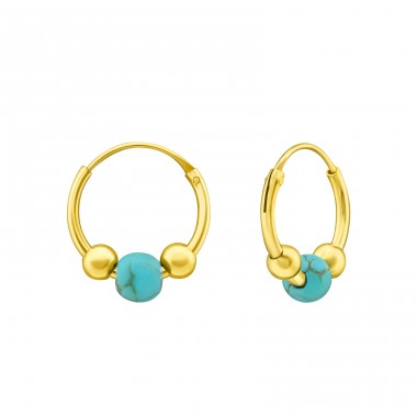 Golden 12mm hoop with turquoise ball - 925 Sterling Silver Bali Silver Hoops A4S42045