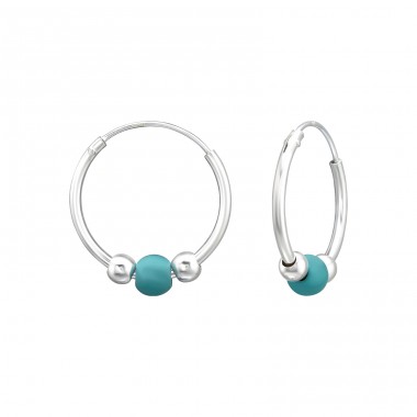 16mm silver hoop with turquoise bead - 925 Sterling Silver Bali Silver Hoops A4S43431