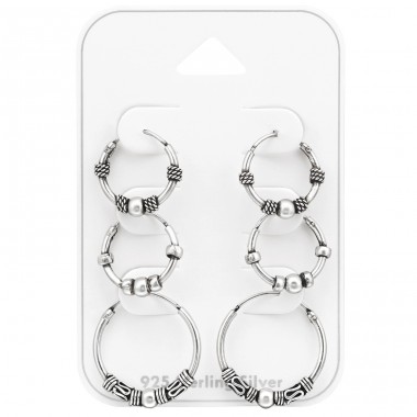 12, 15 & 16mm Bali Hoops set - 925 Sterling Silver Ear Hoop Sets & Jewelry On Cards A4S45129