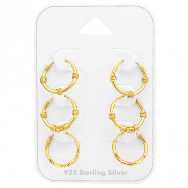 3 páry pozlátených Bali krúžkov  - Šperkové Striebro 925 Ear Hoop Sets & Jewelry On Cards A4S45131