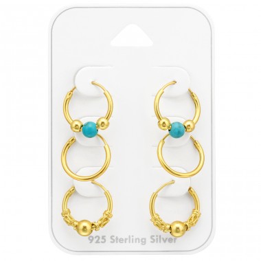 3 páry pozlátených Bali krúžkov - Šperkové Striebro 925 Ear Hoop Sets & Jewelry On Cards A4S45134
