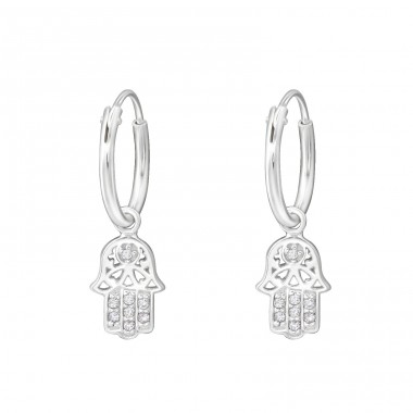 Hanging Hamsa - 925 Sterling Silver Ear Hoops A4S35612