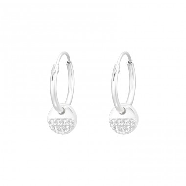 Hanging coin with zirconia - 925 Sterling Silver Ear Hoops A4S41267