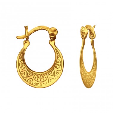 Golden Laser Patterned with French lock - 925 Sterling Silver Ear Hoops A4S44968