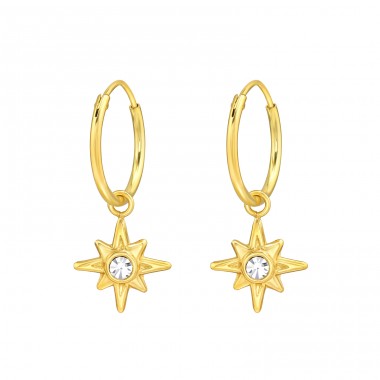 Golden Star with Crystal - 925 Sterling Silver Ear Hoops A4S46374