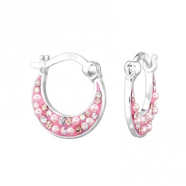 Crescent with Crystals and Pearls - 925 Sterling Silver Ear Hoops A4S48422