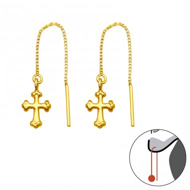 Golden Cross with hanging chain - 925 Sterling Silver Plain Earrings A4S44261