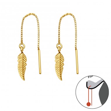 Golden feather on chain - 925 Sterling Silver Plain Earrings A4S44263