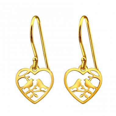 Golden Laser Cut Love Birds - 925 Sterling Silver Plain Earrings A4S44962