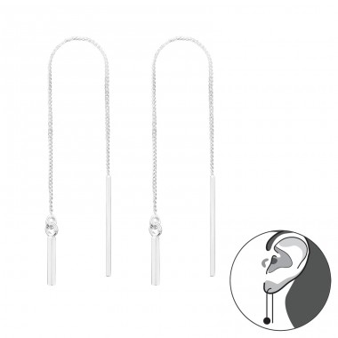 Chain through earring with hanging bar - 925 Sterling Silver Plain Earrings A4S46207