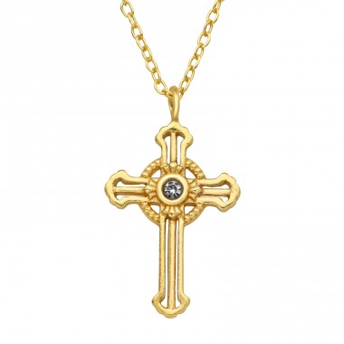 Golden Cross with Black diamond crystal - 925 Sterling Silver Necklace With Stones A4S45040