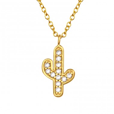 Golden Cactus with zirconia stones - 925 Sterling Silver Necklace With Stones A4S45100