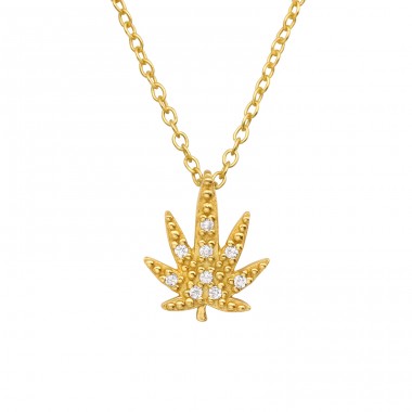 Golden Cannabis Leaf with Zirconia - 925 Sterling Silver Necklace With Stones A4S45114