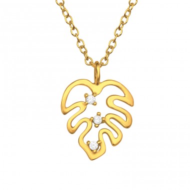 Golden Monster Leaf plant  - 925 Sterling Silver Necklace With Stones A4S45116