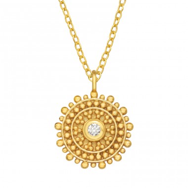 Golden Dotted Disc Necklace with Zirconia - 925 Sterling Silver Necklace With Stones A4S46228