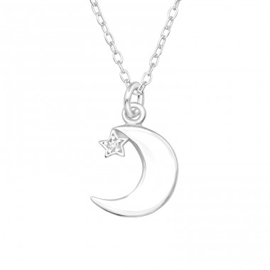 Moon With Star with Zirconia - 925 Sterling Silver Necklace With Stones A4S46699