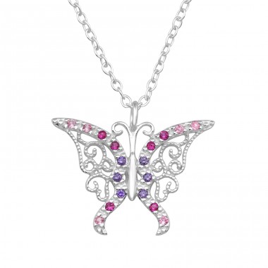 Butterfly with Zirconia - 925 Sterling Silver Necklace With Stones A4S47685