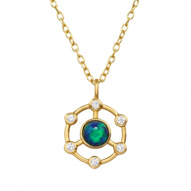 Goldener offener Kreis mit Zirkonia und Opal - 925Er Silber Halskette Mit Steinen A4S48391