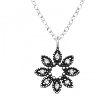 Oxidized flower with cubic zirconia - 925 Sterling Silver Necklace With Stones A4S48662