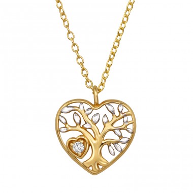 Golden Tree of life with cubic zirconias - 925 Sterling Silver Necklace With Stones A4S49183