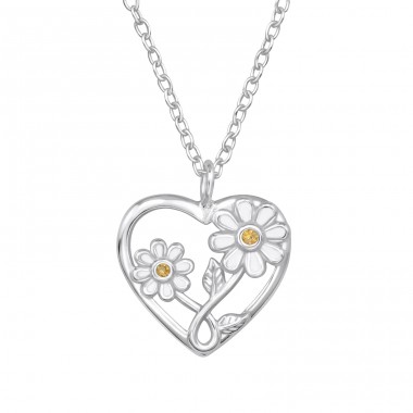 Heart With Sun Flower - 925 Sterling Silver Necklace With Stones A4S49478