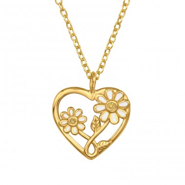 Golden Heart with Flower and Crystals - 925 Sterling Silver Necklace With Stones A4S49479