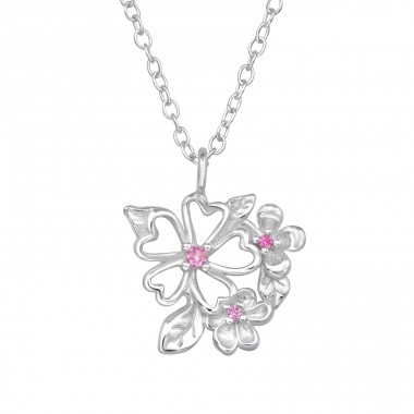 Flowers And Leaf  with Zirconia - 925 Sterling Silver Necklace With Stones A4S49485