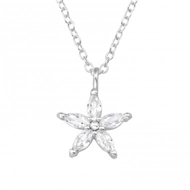 Five Petal Flower with Zirconia, - 925 Sterling Silver Necklace With Stones A4S49556