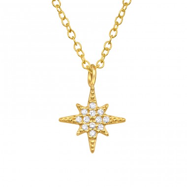 Golden North Star with Zirconia - 925 Sterling Silver Necklace With Stones A4S49852