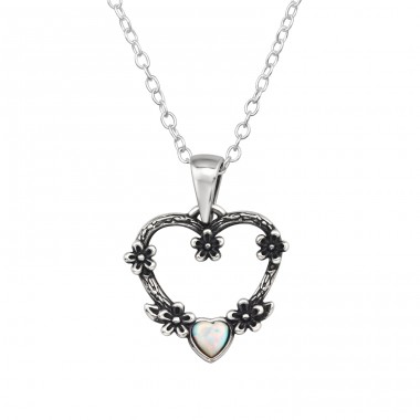 Oxidized Heart with Opal - 925 Sterling Silver Necklace With Stones A4S50262