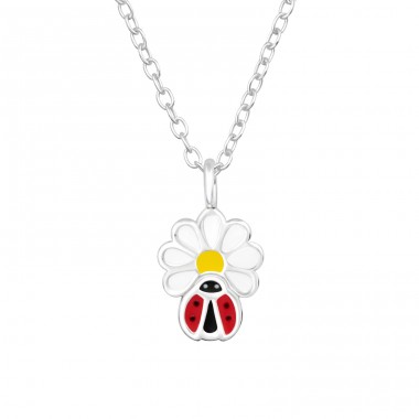 Ladybug on a Daisy flower - 925 Sterling Silver Necklace Without Stones A4S46612