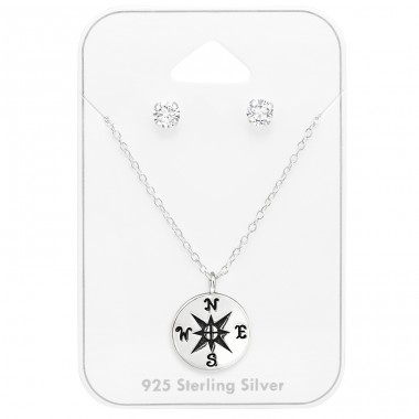 Compass jewellery set on card - 925 Sterling Silver Sets Necklace With Earrings A4S45151