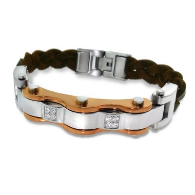 Cord and zirconia - Leather Cord + 316L Surgical Grade Stainless Steel Steel Bracelets For Men A4S1888