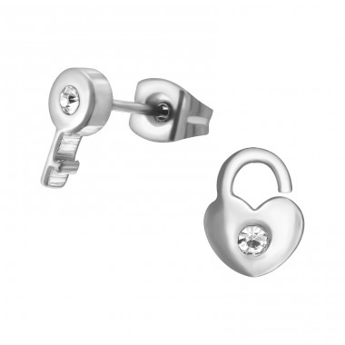 Key And Padlock - 316L Surgical Grade Stainless Steel Steel Ear Studs A4S29766